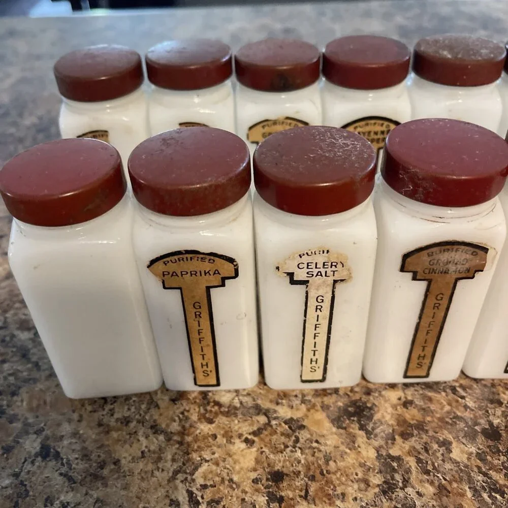 12 Vintage Griffith Milk Glass Spice Jar Set Lot Red Caps Art Deco Retro Labels
